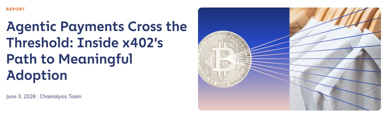 Screenshot of the Chainalysis report page titled 'Agentic Payments Cross the Threshold: Inside x402's Path to Meaningful Adoption', dated June 3, 2026