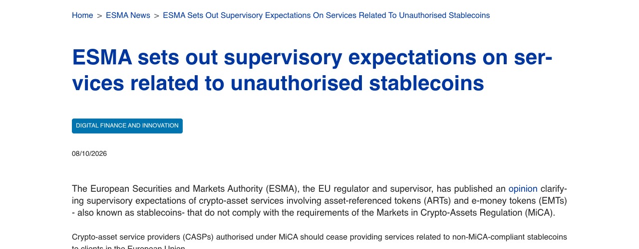 Screenshot of the ESMA press page titled 'ESMA sets out supervisory expectations on services related to unauthorised stablecoins', dated 08/10/2026